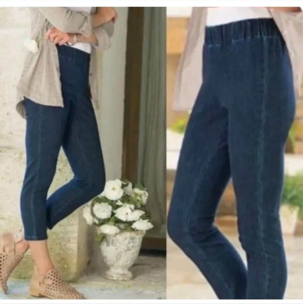 Soft Surroundings pull on cropped jeans blue dark wash cropped size XS petite